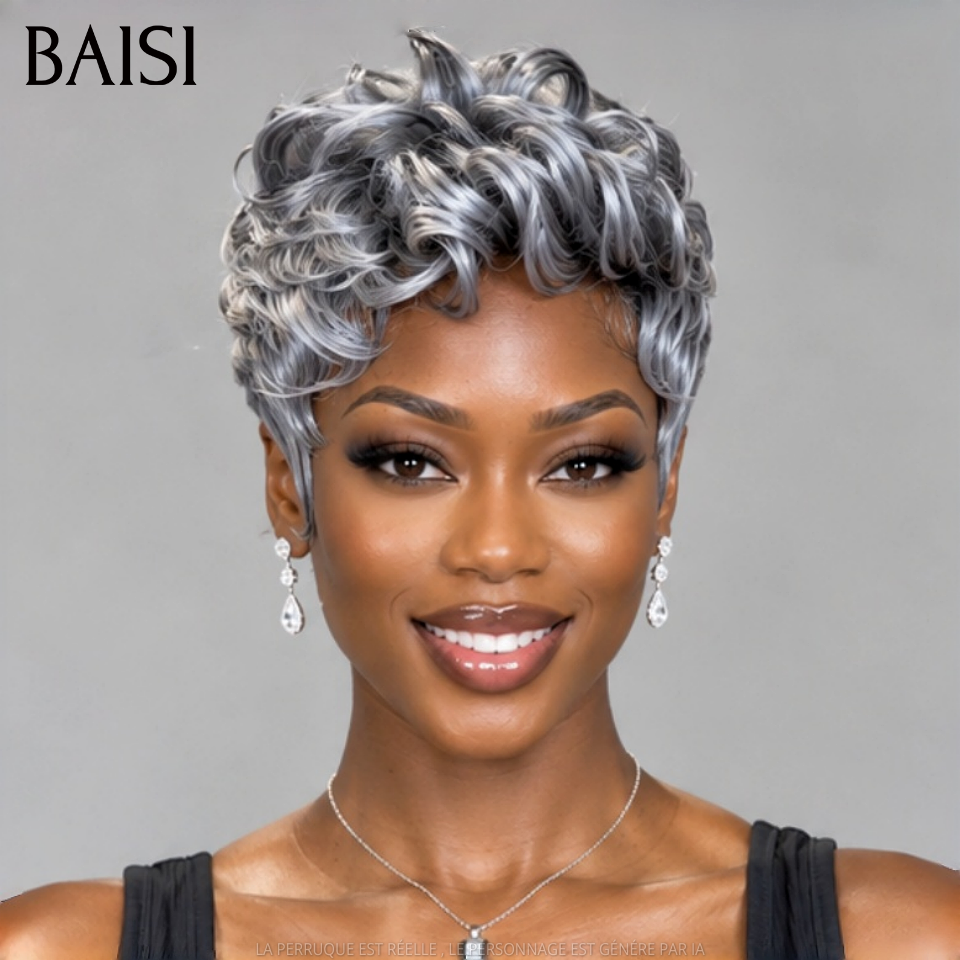 BAISI Perruque Pixie Courte Wave Gris 79€ Collection Poivre et Sel Couleur Authentique Trop Classe Cheveux Original en 100% Cheveux humains