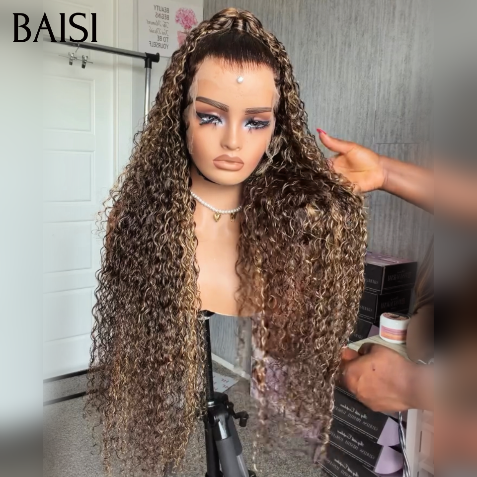 BAISI 13x4 lace Perruque Coiffée Longue Curly Couleur Marron Mixte 4/27#  Coiffure Top Modèle en 100% Cheveux Humains (Copy)