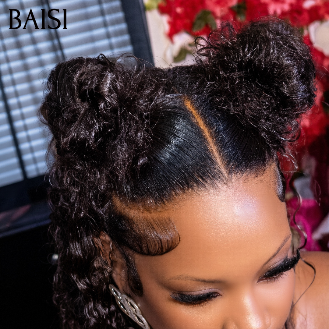 BAISI 13x4 Lace Perruque Bob Coiffée Curly Wave Couleur Noir 1B# 10Pouces 96€ Look Coquêtte en 100% Cheveux humains