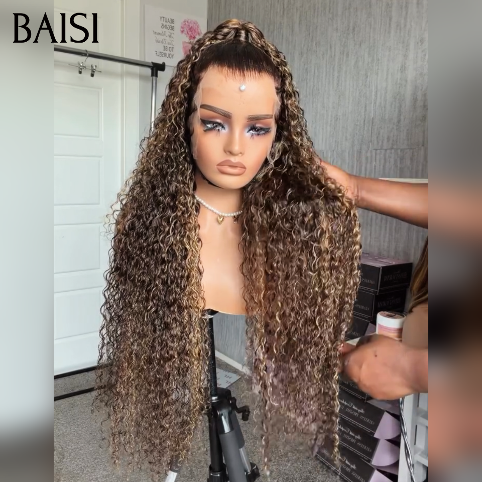 BAISI 13x4 lace Perruque Coiffée Longue Curly Couleur Marron Mixte 4/27#  Coiffure Top Modèle en 100% Cheveux Humains (Copy)