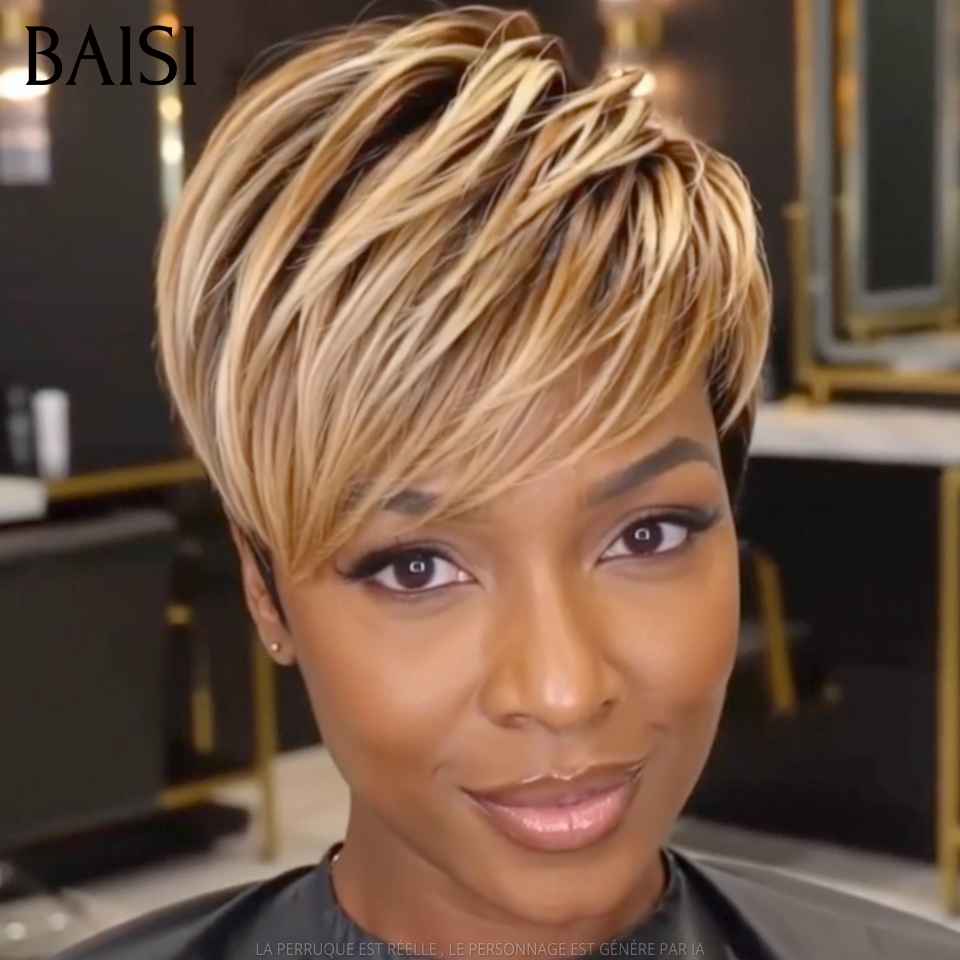 BAISI 13x4 Lace Perruque Pixie Lisse Couleur Noir Miel 1B/27# 89€ Beauté A Prix Mini en 100% Cheveux humains