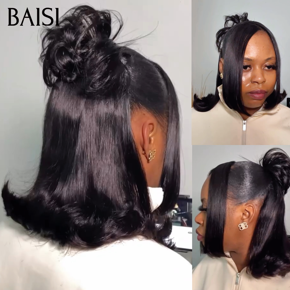 BAISI 13x4 lace Perruque Coiffée Bob Lisse Noir 1B#  12Pouces 129€ Coiffure chignon à bout légèrement balayé A la Mode en 100% Cheveux Humains