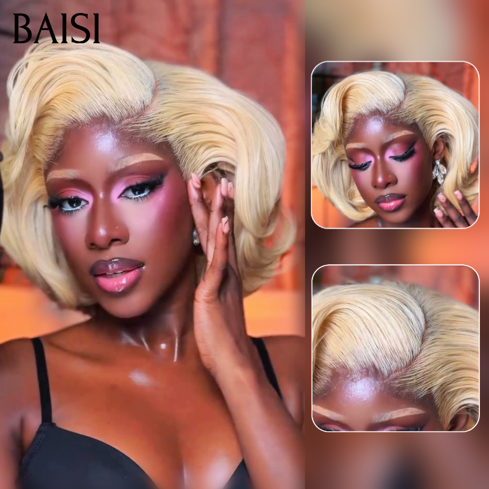 BAISI 4X4 Perruque Bob Blonde 613# 12Pouces  + 1 FER gratuite = 119€ Style Authentique Prix Abordable  en 100% Cheveux humains