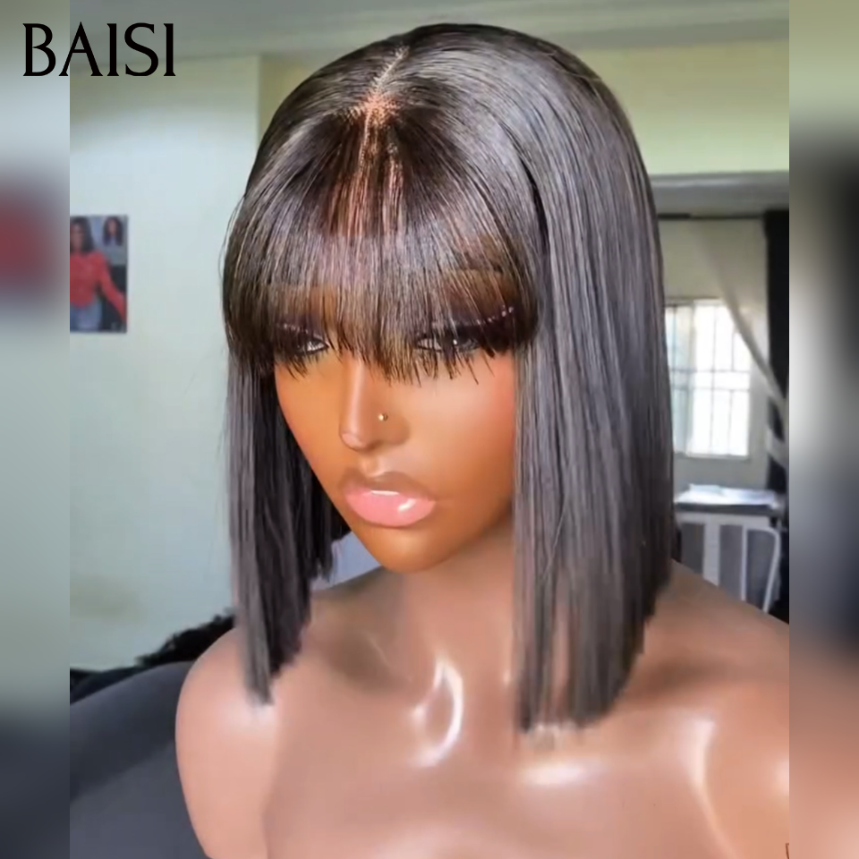 BAISI 2 perruques bob Lisse Noir 8 Pouces  avec Frange 79€ ou Sans Frange 89€ Facile à Porter Au Quotidien en 100% Cheveux Humains