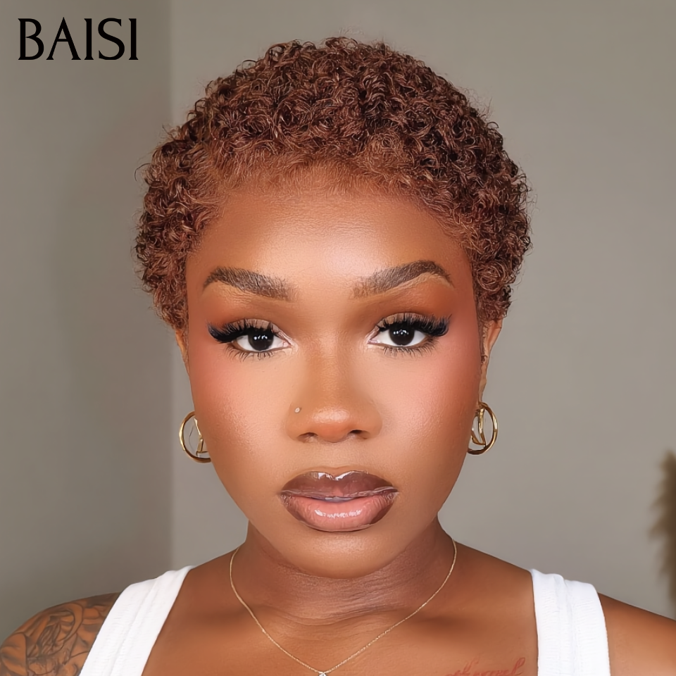 BAISI 13x4 LAce Pixie Afro Curly Couleur Marron 4#  66€ Petite Coupe Elégante et Charmante Pour l'Eté En 100% Cheveux Humains