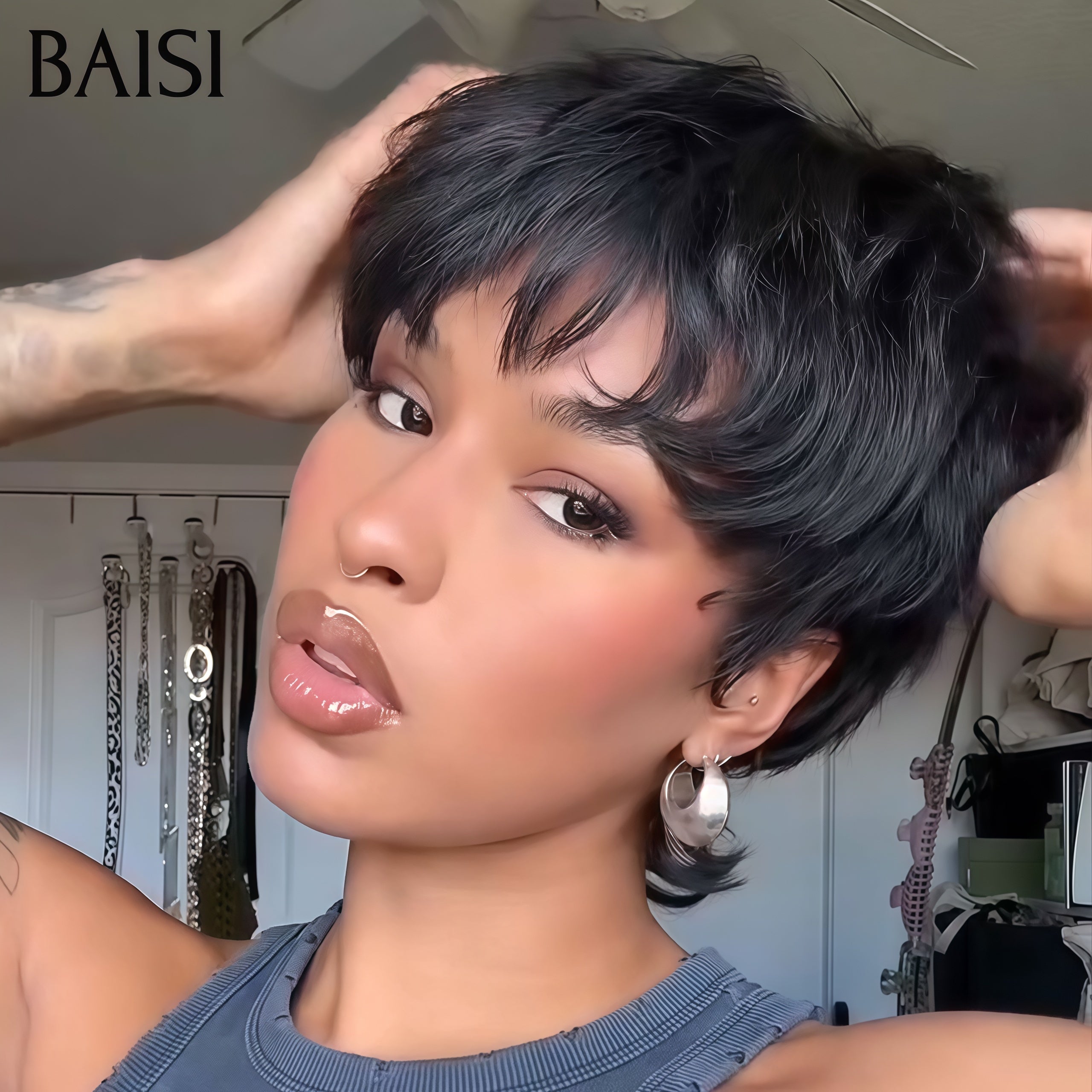 BAISI Perruque Pixie Courte Lisse Noir Sans Colle Sans Lace 48€ Ou Pixie Afro Curl 13x4 lace frontal bouclé partout Couleur Bordeaux 99j 63€ en 100% cheveux humains F-905