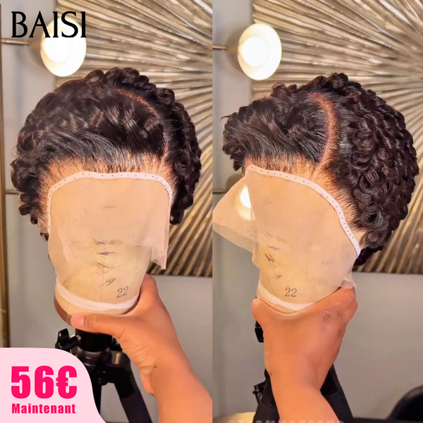BAISI 13X4 lace Coupe Pixie Curly Wave Noir ou Pixie Lisse Couleur Marron Raie Bien Définie Look Parfait en 100% Vrais Cheveux Humains