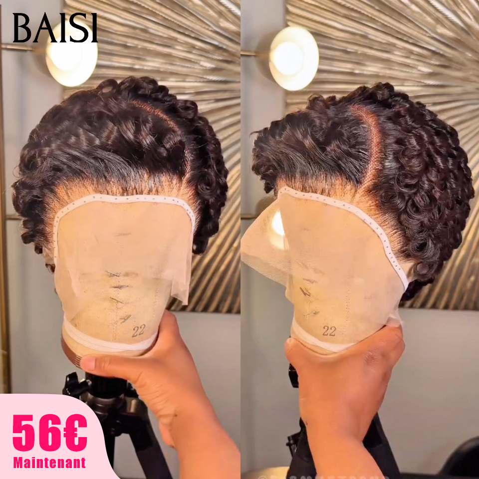 BAISI 13X4 lace Coupe Pixie Curly Wave Noir ou Pixie Lisse Couleur Marron Raie Bien Définie Look Parfait en 100% Vrais Cheveux Humains