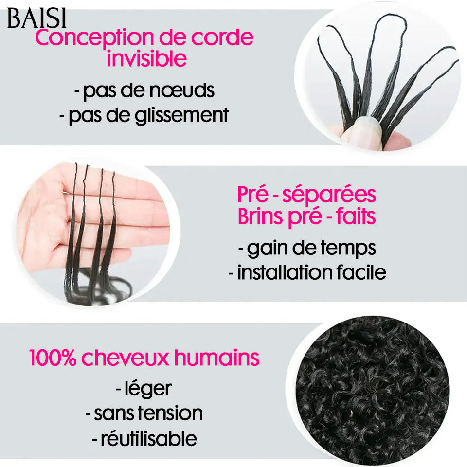 BAISI Extensions Plumes Cheveux Humains Noir en Crochet Texture Curly Burmese Installation Etape par Etape Facile et Simple Longue Tenue en 100% Cheveux Humains