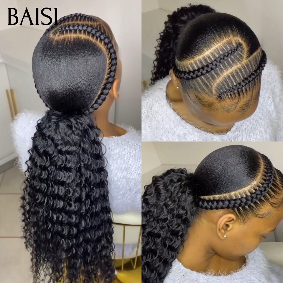 BAISI Full lace Perruque Deja Coiffée Devantures Nattes Courbée Curly Wave Noir 1B# Très Légère Et Contre Chaleur en 100% Cheveux Humains