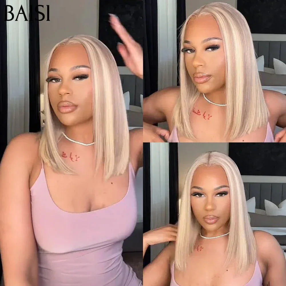 BAISI 13X4 Straight Bob Wig In Mixed Gray 70# Pre-Plucked No Glue Needed in 100% Raw Hair Lace Already Cut