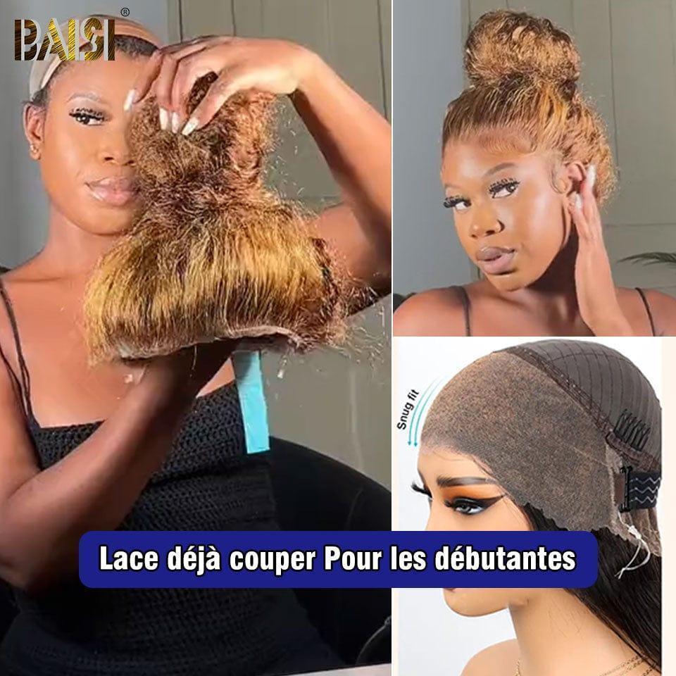 BAISI wig Upgrade Invisible Strap 360 Frontal curly wave in Honey Color #4/#27 18 Inch Invisible and adjustable 360 ​​lace frontal Pre-plucked No Glue Needed 250% density in 100% Raw Hair Lace already cut
