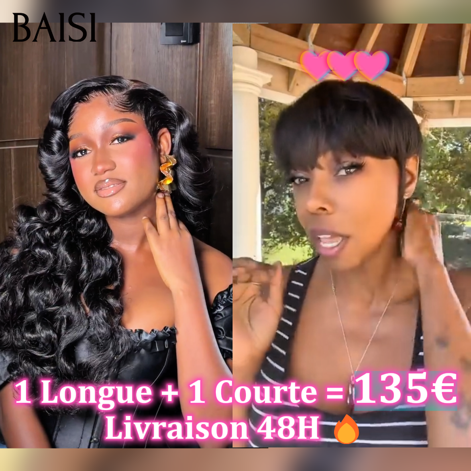 BAISI  2 Perruques 1 Longue + 1 Courte = 135€ Livraison 48H 13x4 lace frontale body wave 20 pouces et Pixie lisse perruques 100% vrais cheveux humians
