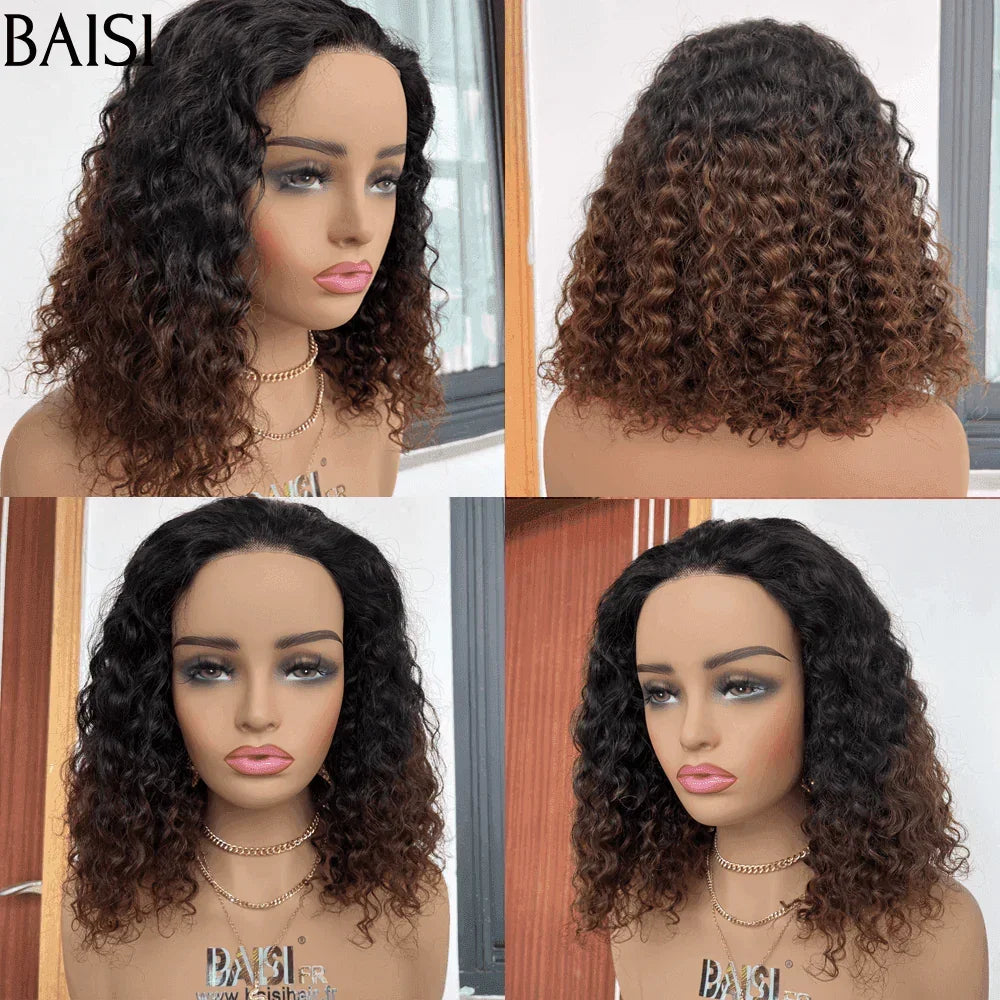BAISI 4x4 Perruque Bob curly wave 14 Pouces 148€ 250% densité en Marron ou Mixte 1BT4#  en 100% Cheveux Humains