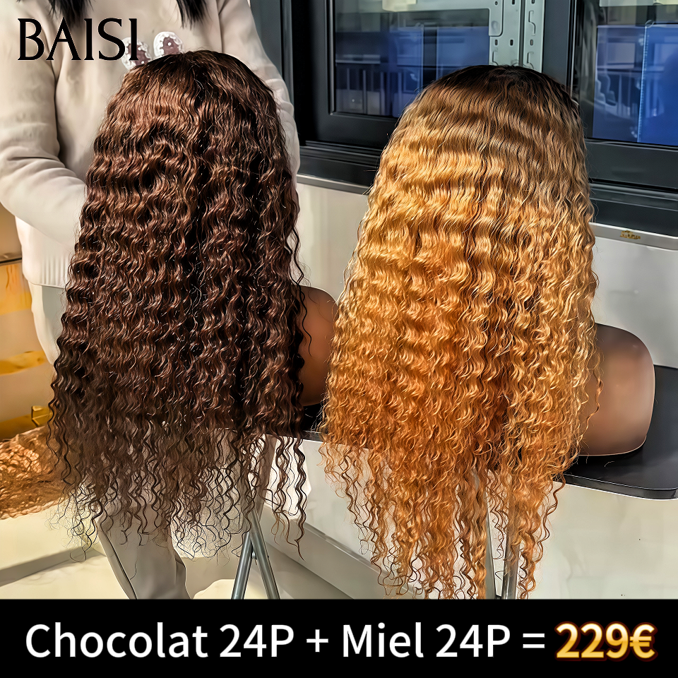 BAISI 2 Perruques pour revendre 229€ 13x4 lace frontal bouclé wave et  24 pouces 2 couleurs 4T27 et Marron en 100% Cheveux Humains