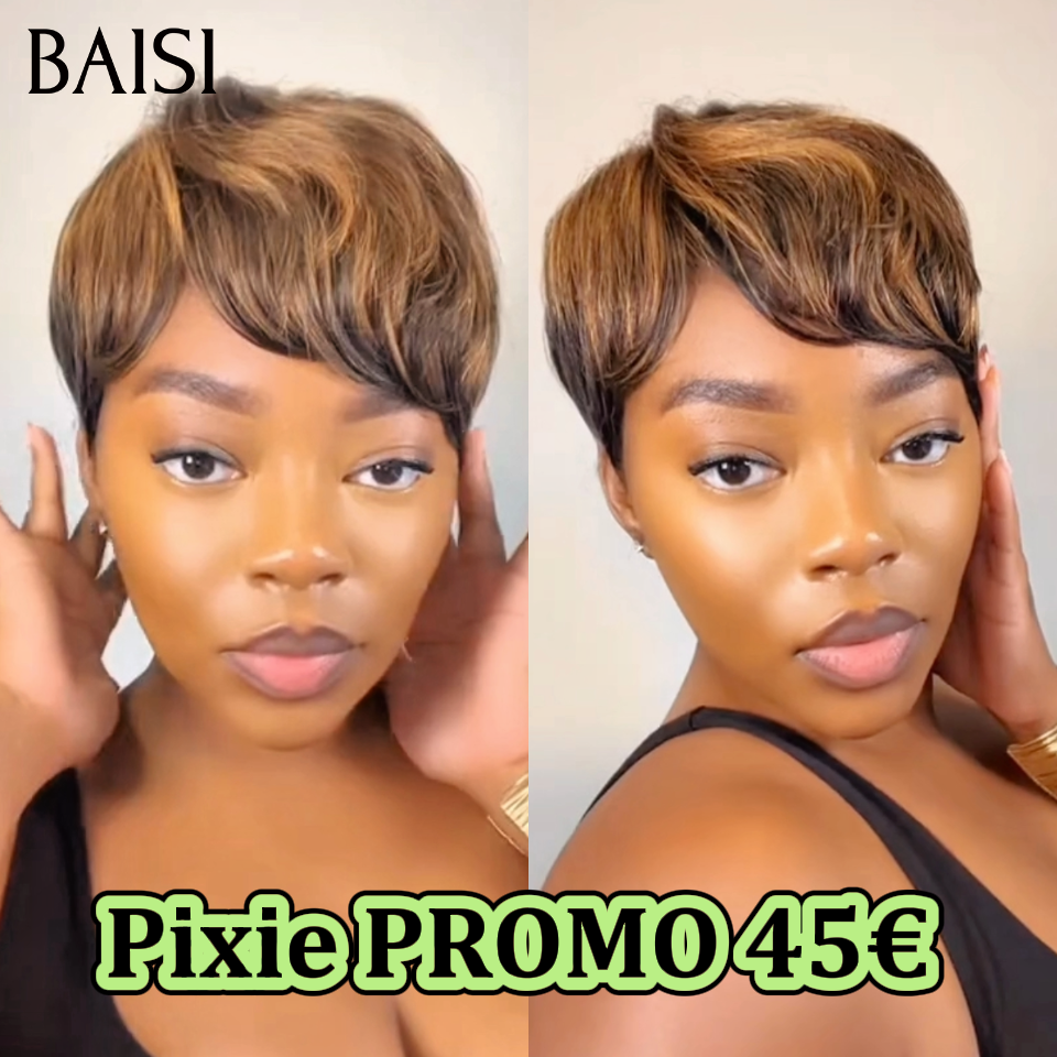 BAISI Perruque Fabriqué à la Machine Pré-plucked Pas Besoin de Colle Pixie PROMO 45€ en 100% vrais cheveux humains