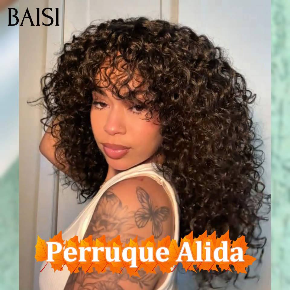BAISI Perruque promotion Facile à porter water wave curly avec Frange en sans Colle 12 Pouces 89€ en Confortable et haut de gamme 100% Cheveux Humains