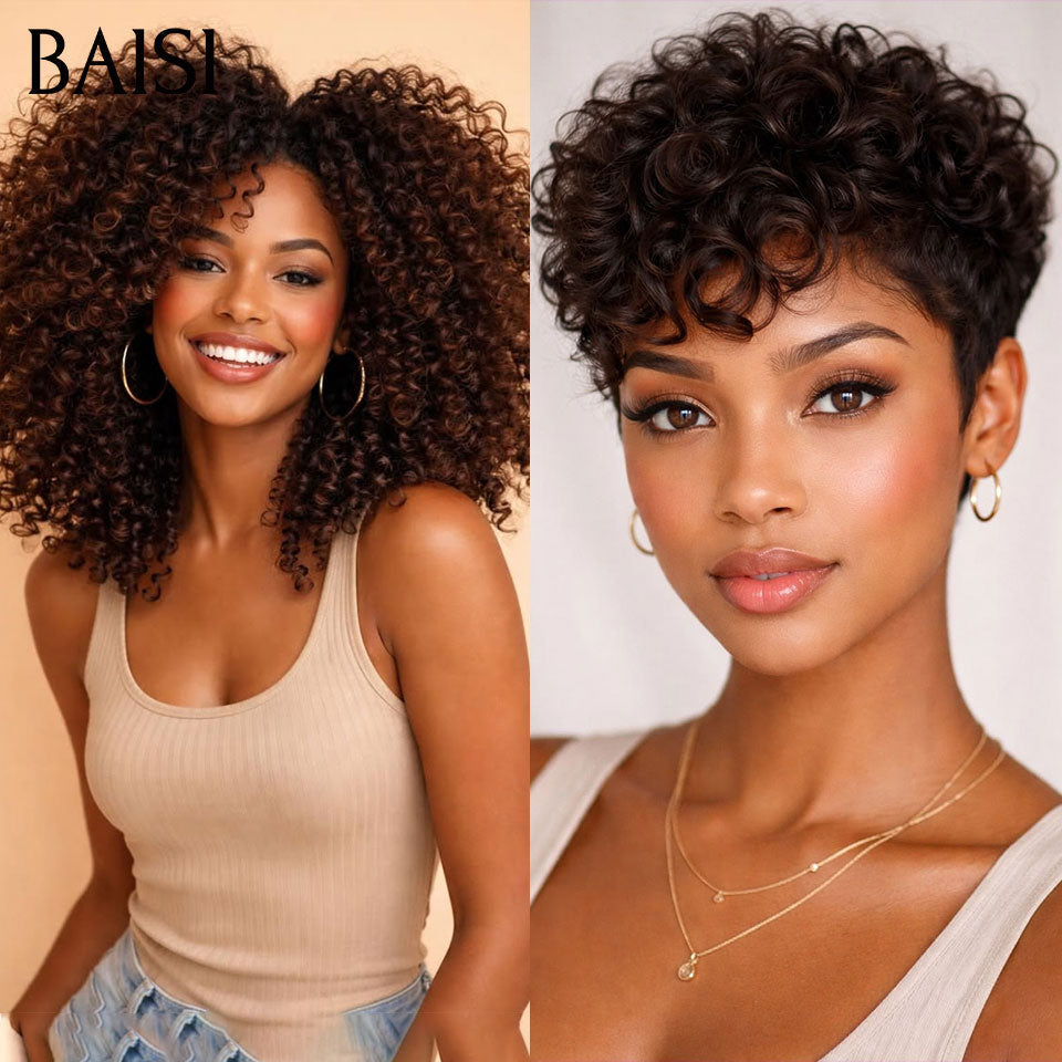 BAISI lot de Perruque 2 Bonne Qualité 149€ (curly wave frontale 16p + finger wave sans colle ) ou Pixie 13X4 lace Lisse  66€ Coiffure moitié prix 100% Cheveux Humains MP50