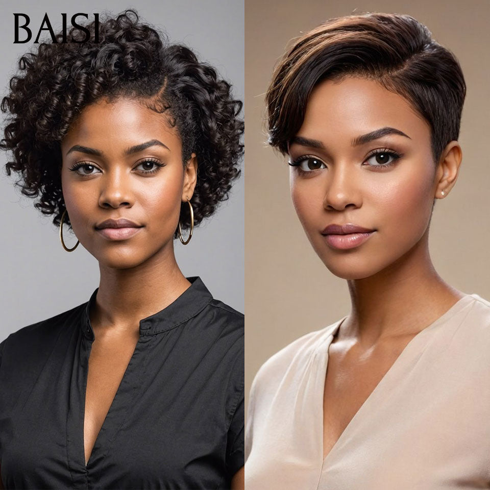 BAISI Perruque 2 Bonne Qualité 119€ pixie lisse et curly wave ou pixie lisse frontale 80€ Moitié Prix NOIR En 100% Cheveux Humains