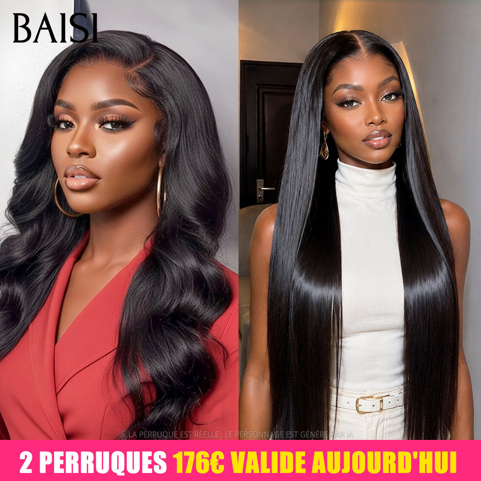 BAISI 13x4 lace Lot de 2 Perruques Longue Lisse + Body Wave 20Pouces 176€ Couleur Noir Prix Très Abordable en 100% Cheveux Humains  Déjà En France  Livraison 48H  TVA 0€