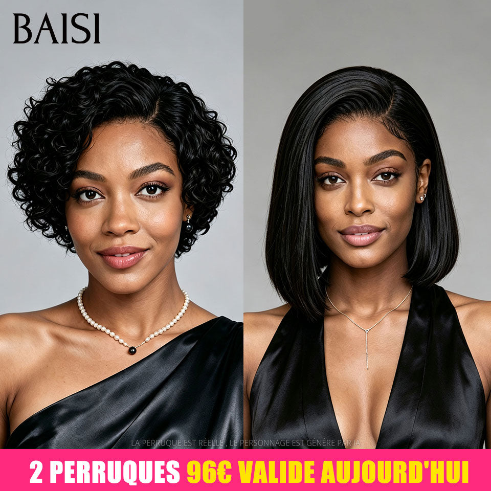 BAISI 13x4 lace Lot de 2 Perruques Pixie Curly + Bob Lisse 96€ Couleur Noir Pour Revendre ou Pour Sois Idéal en Eté en 100% Cheveux Humains