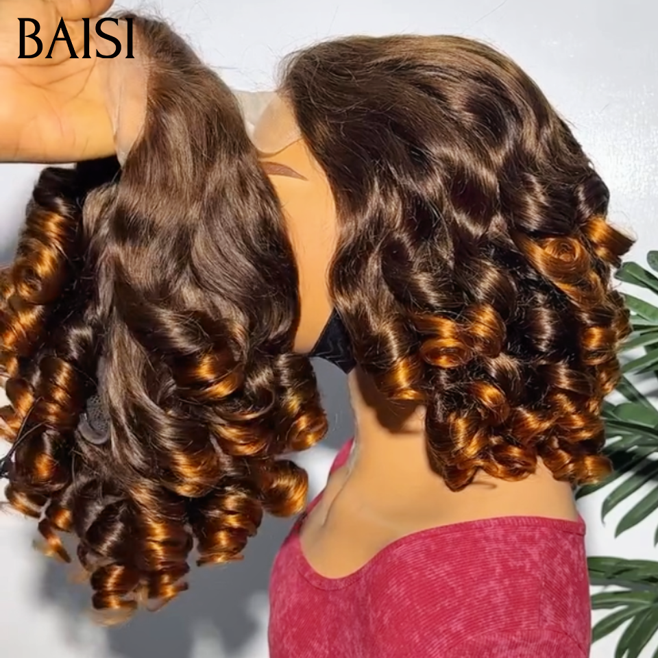 BAISI 4*4 Lace Perruque Bob Bouncy Curl 12Pouces 89€ en Couleur Châtain Marron Clair 4/33# Super Classe en 100% Cheveux Humains
