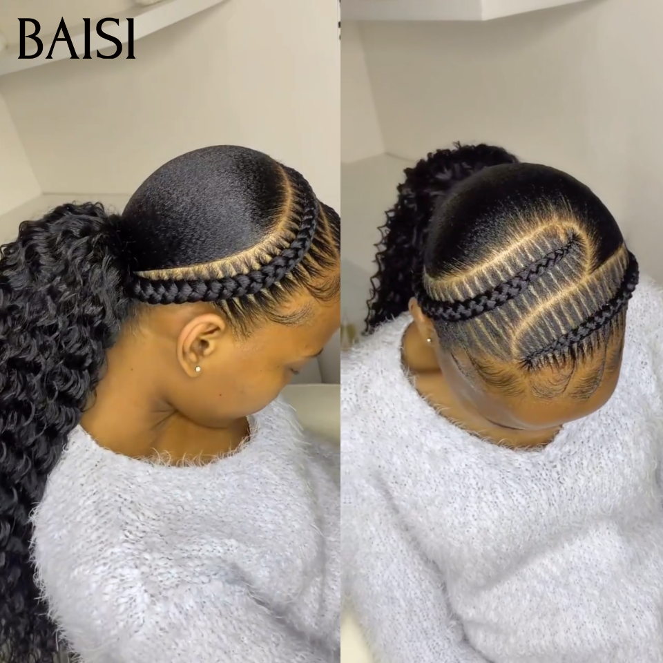 BAISI Full lace Perruque Deja Coiffée Devantures Nattes Courbée Curly Wave Noir 1B# Très Légère Et Contre Chaleur en 100% Cheveux Humains