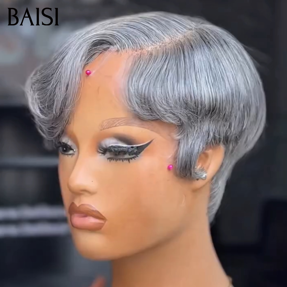 BAISI 13X4 lace Perruque Pixie Lisse Bout Ondulée 69€ Seulement Couleurs personnalisées gris Avec Raie de Côté Comme la video Nouveau Modèle en 100% Cheveux Humains 