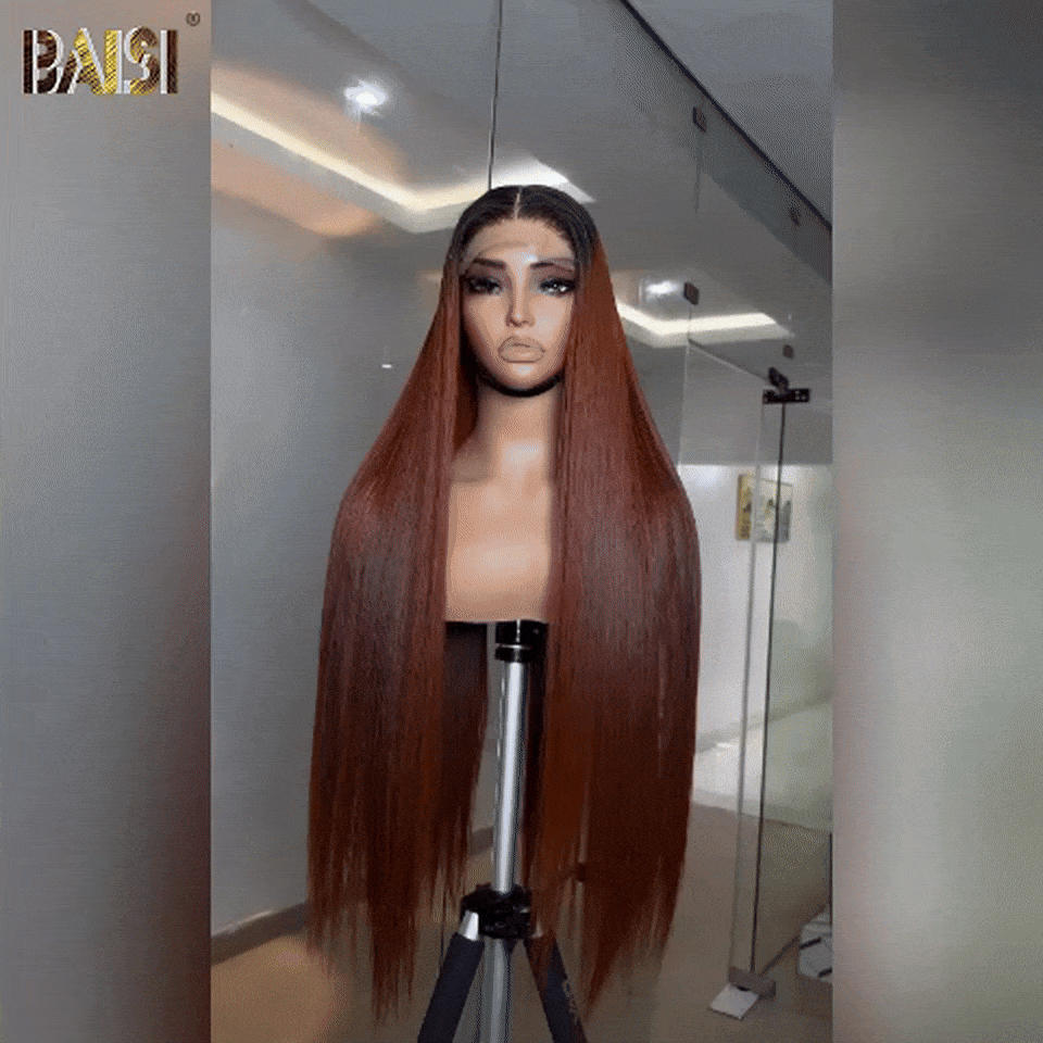 BAISI 13x4 Lace Frontal Perruque Lisse Marron #1BT4 en 100% Cheveux Humains