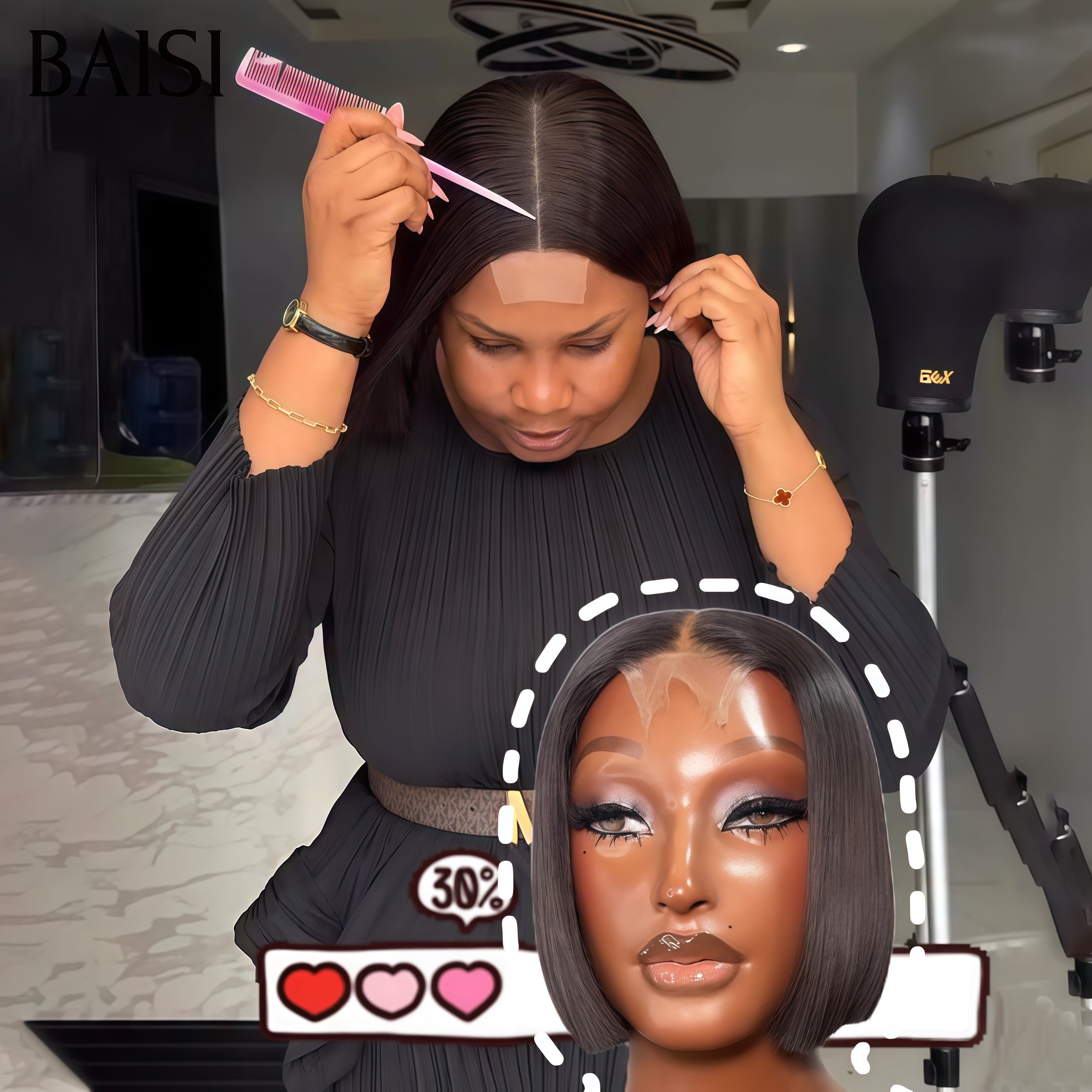 BAISI  2x6 Lace Perruque BOB Lisse 8 Pouces Noir 79€ Ou Couleur Marron dorée 4/33#  95€ Qualité Authentique En 100% Cheveux Humains