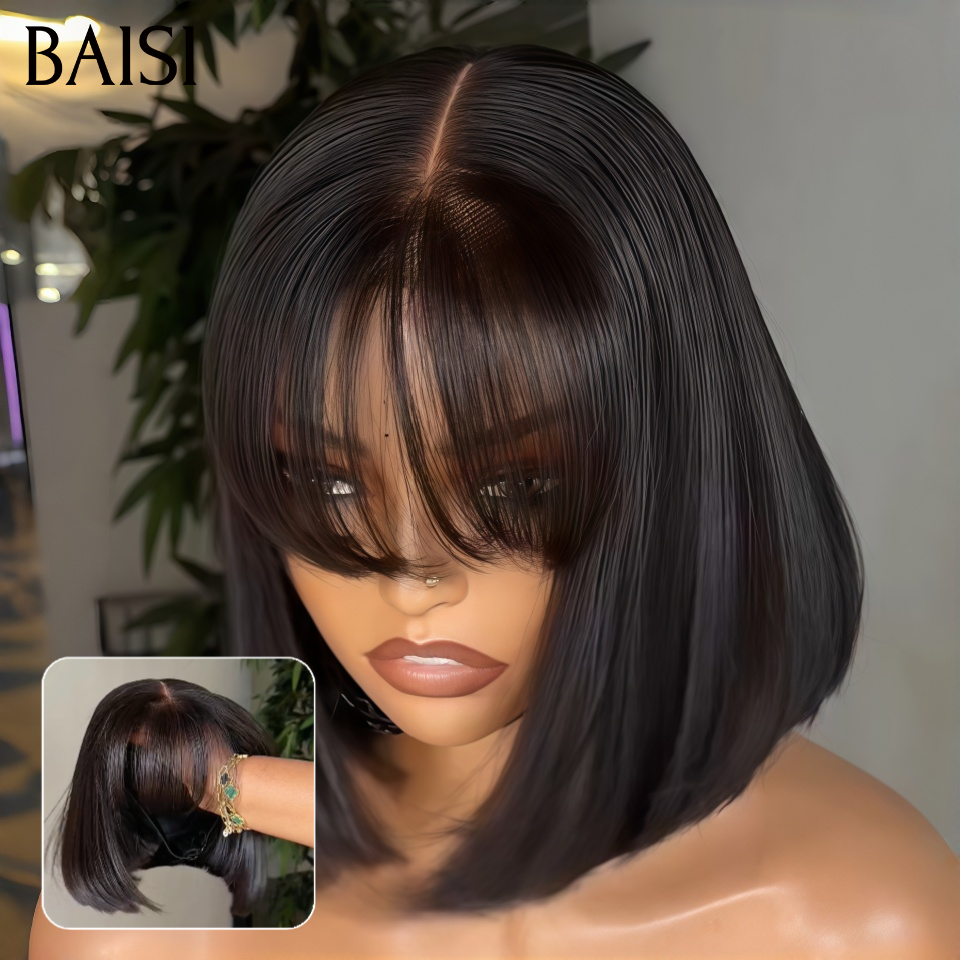 BAISI Offre Flash Aujourd'hui Seulement 59€ Demain finie Perruque Avec Frange Bob lisse Noir Sans Colle Sans Lace 100% Vietnam Hair Perruque de Luxe En 100% Cheveux Humains Deja En France Reçu 48H TVA 0€