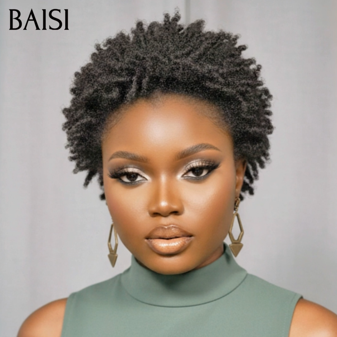 BAISI 13x4 lace Perruque Pixie Afro Curl 78€ en couleur Noir Magnifique Boucle en 100% Cheveux Humains