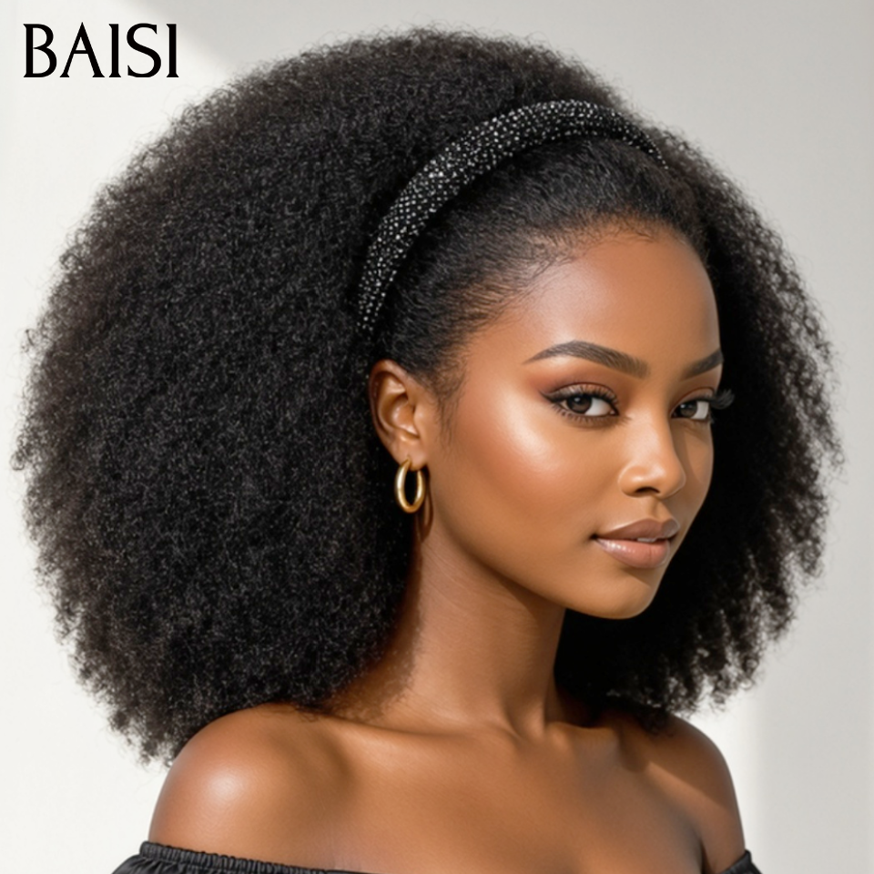 BAISI 13x4 Lace Frontal Perruque Afro Curly 10Pouces et 18Pouces Ou Perruque Bandeau Kinky Curly 20Pouces Beaucoup de Volume en 100% Cheveux Humains