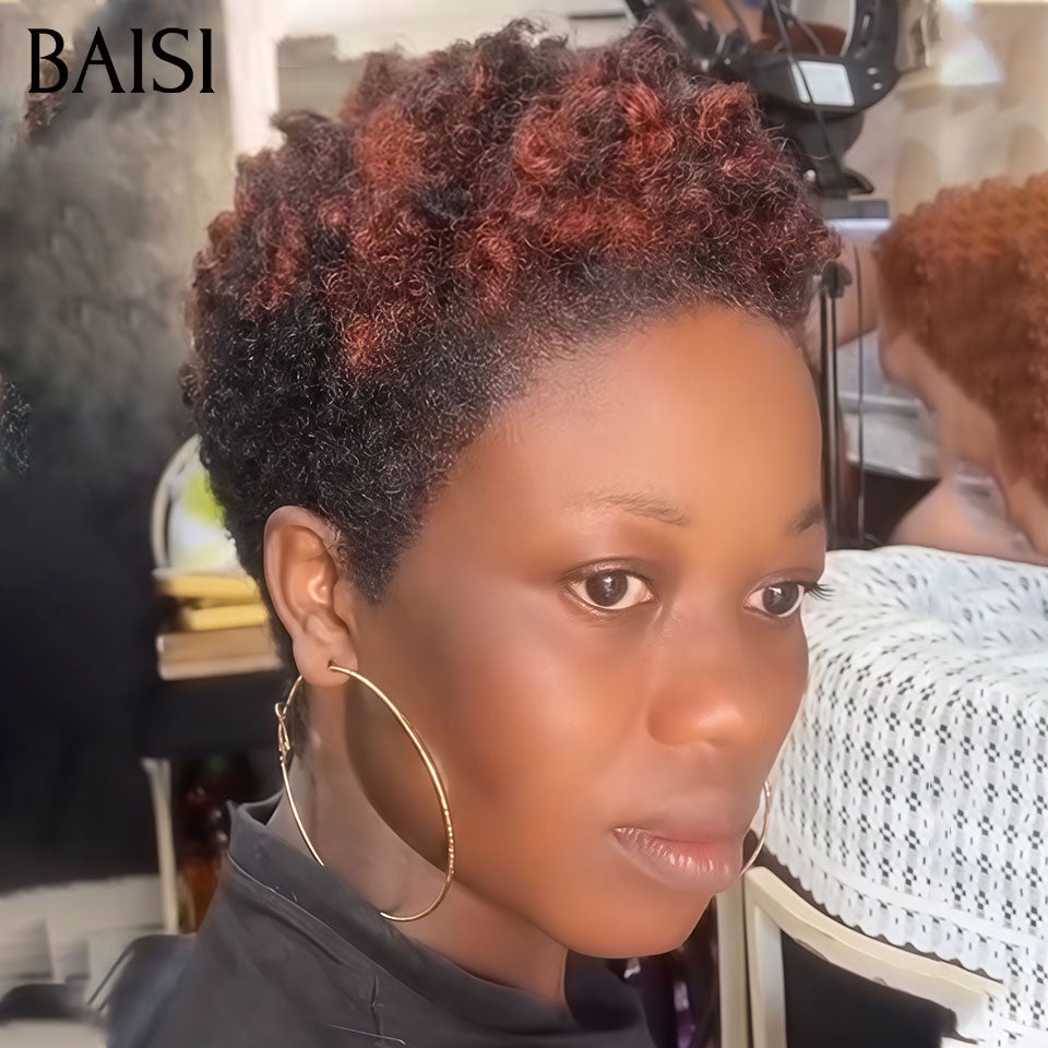 BAISI PIXIE Afro Curly Noir Marron 33# Sans Colle Sans Lace Facile A Porter 60€ Seulement  en 100% Cheveux Humains