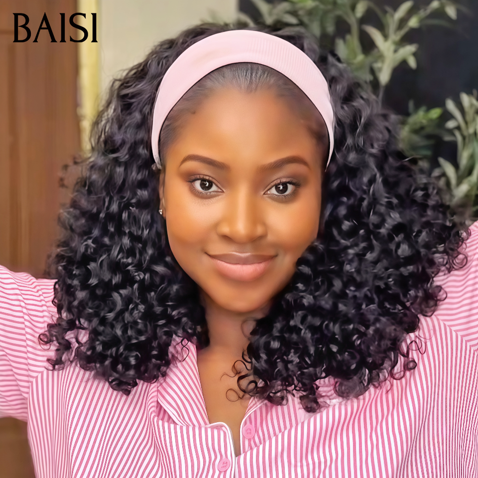 BAISI Perruque Bandeau Curly Wave 16Pouces Sans Colle Sans Lace Facile à Porter En 100% Cheveux Humains