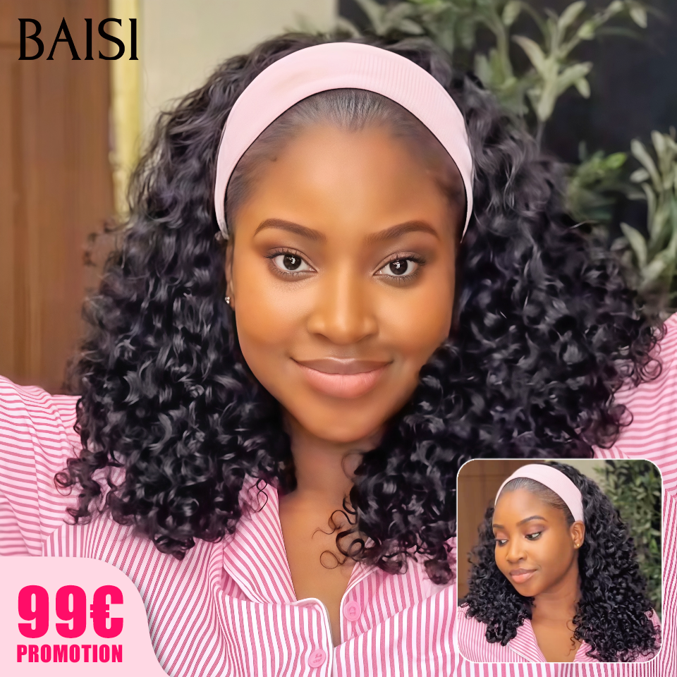 BAISI Perruque Bandeau Curly Wave 16Pouces Sans Colle Sans Lace Facile à Porter En 100% Cheveux Humains