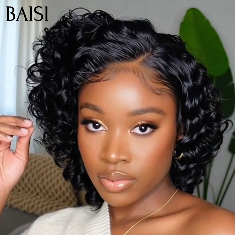 BAISI 13x4 lace Perruque BOB Spring Curl Ondulation printemps 10Pouces Moitié prix 85€ NOIR en 100% Cheveux Humains