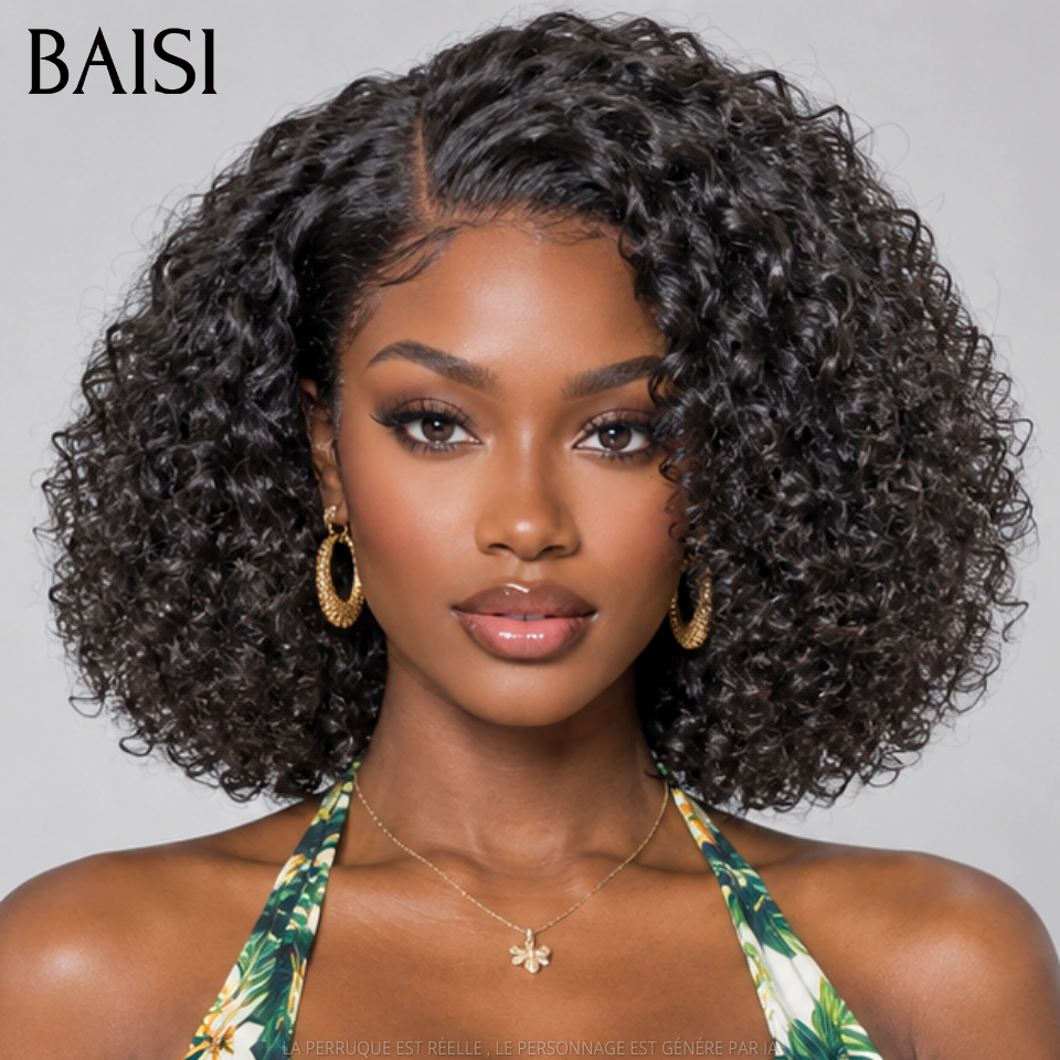 BAISI T-Part Lace Perruque Bob Kinky Afro 12Pouces 125€ Couleur Noir 1B# Beaucoup de Volume Pour Femme Noires en 100% Cheveux humains