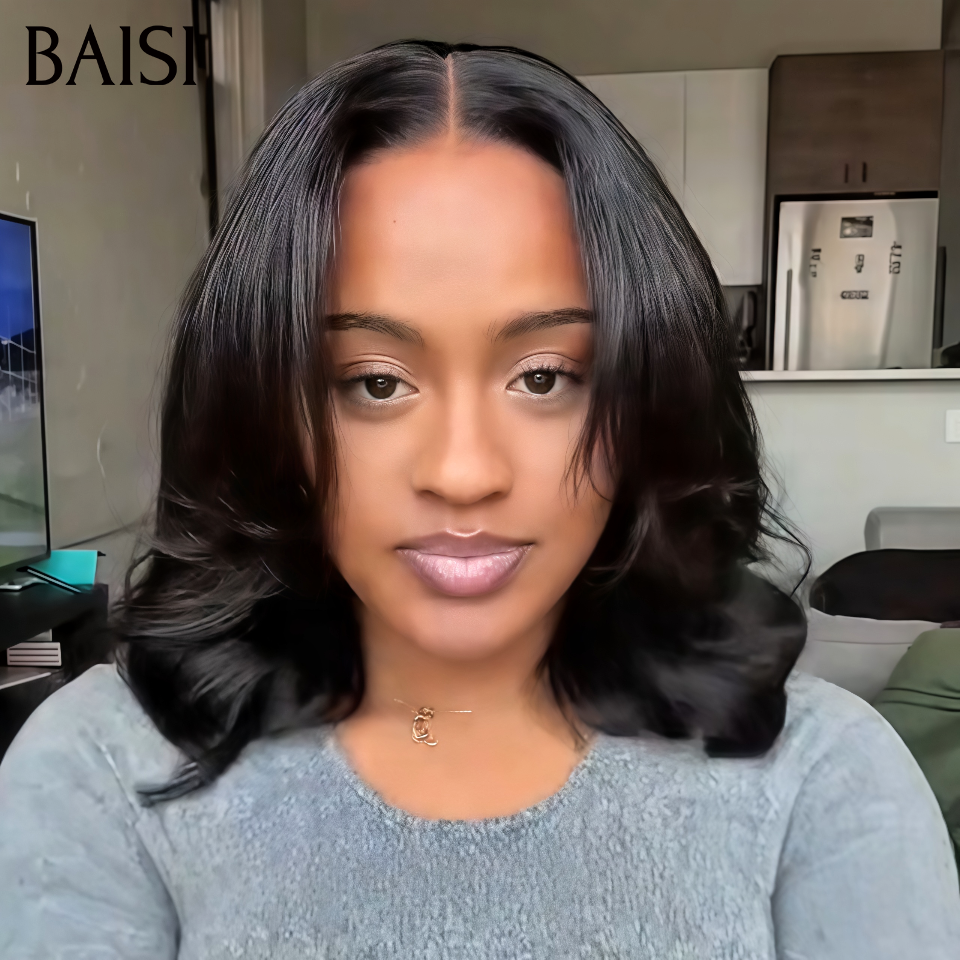 BAISI 13x4 Lace Perruque Sans Colle Avec Corde Body wave 12Pouces 129€ Coupe Dégradée Couleur Noir 1B# Chic et Tendance en 100% Cheveux humains