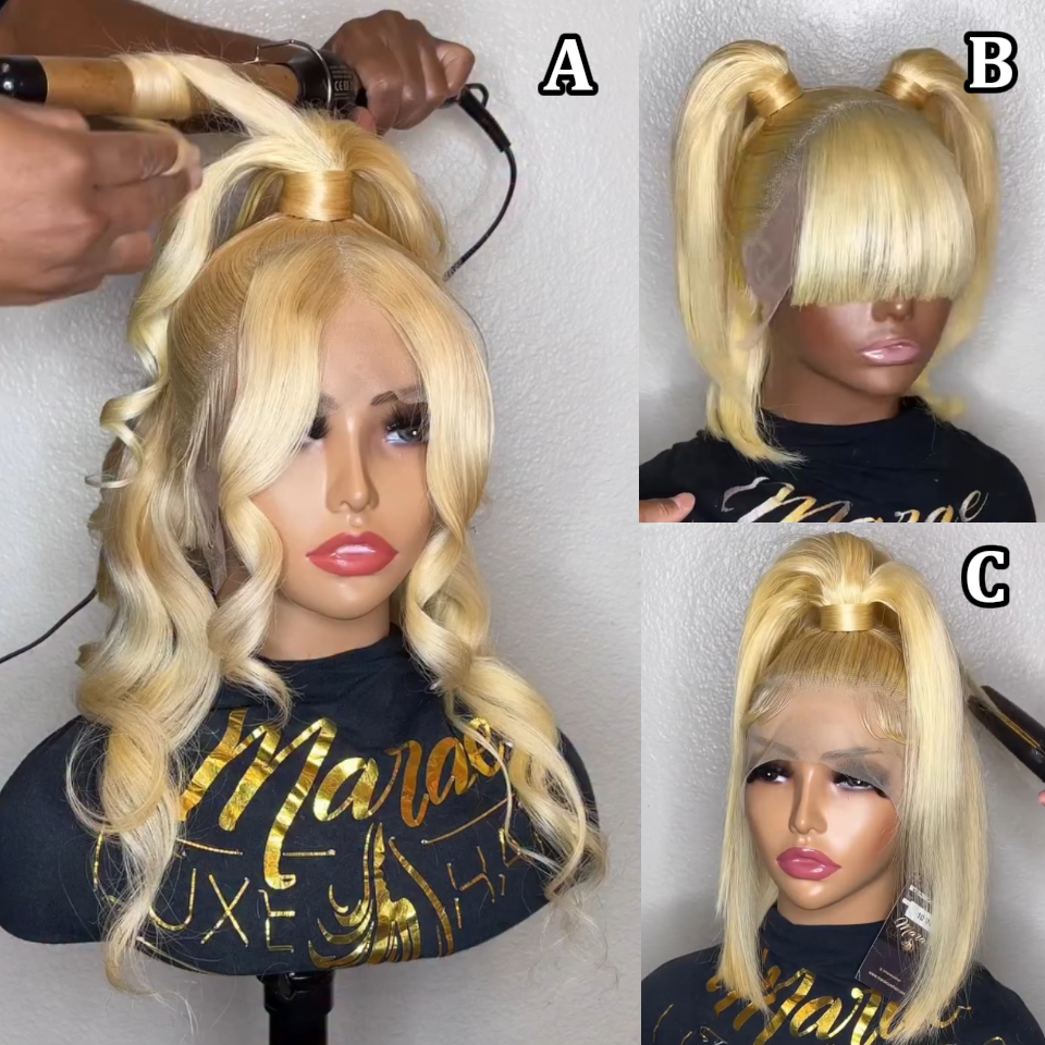 BAISI 13x4 Lace Perruque Bob Blonde 613# Lisse Avec ou Sans Frange plusieurs Styles  de Coiffure Possible Changer de Look A Volonté en 100% Cheveux humains