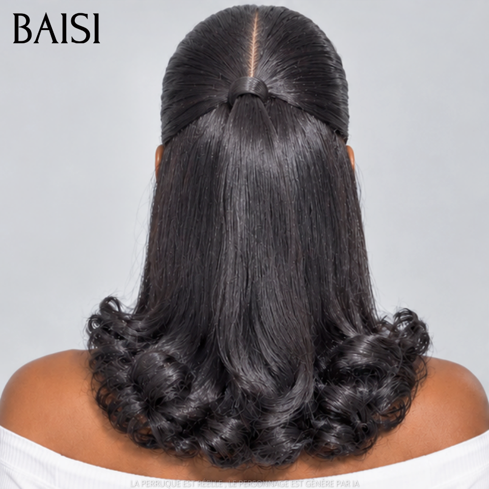 BAISI Moitié Prix Perruques un Updo Coiffure Chignon queue de cheval avec 13x4 Lace Frontale 12 Pouce en Noir en 100% cheveux humains
