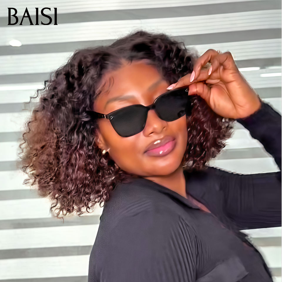 BAISI 13x4 lace frontal Perruque Curly Wave Frisée Couleur Marron et Noir 1B/4# Taille 12 pouces 79€ Seulement Promotion Eté Stock Limités en 100% Cheveux Humains