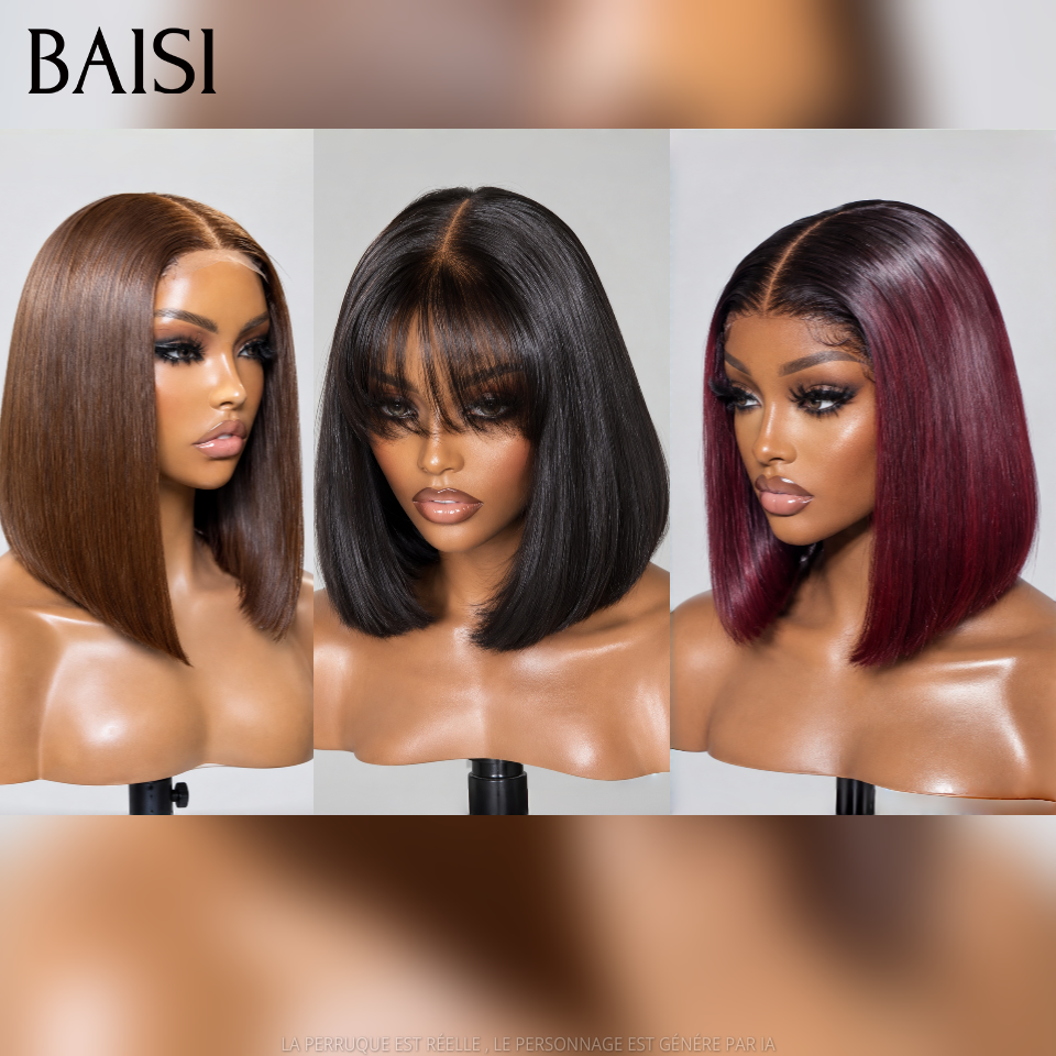 BAISI Lot de 3 Perruques 100% Vietnam Hair 8Pouces En Gros Bob Carré Lisse Avec et Sans Frange Couleur Noir 1B# , Marron 4# et Bordeaux 1B/99J#  Très Facile A Revendre en 100% Cheveux Humains