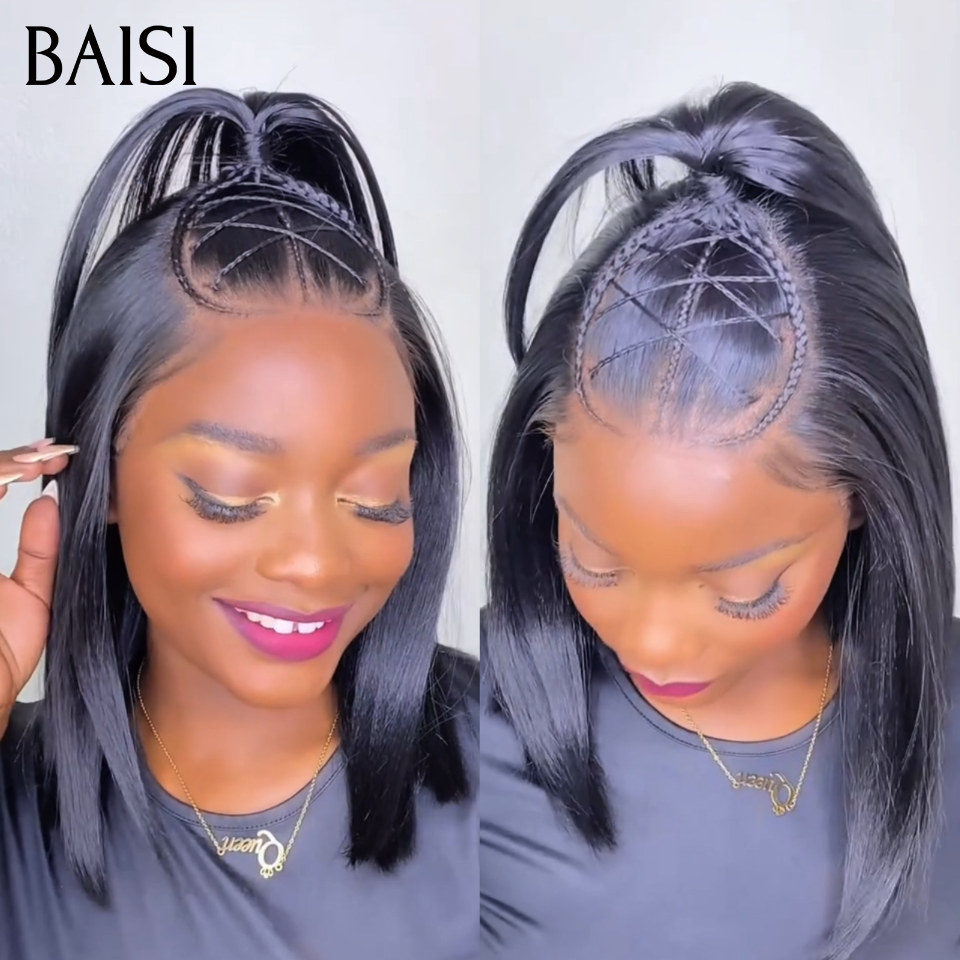 BAISI 13x4 lace Perruque Bob Lisse Déjà Coiffée 12Pouces 125€ Couleur Noir 1B# Devanture Avec Petites Nattes Look Incroyablement Original en 100% Cheveux Humains
