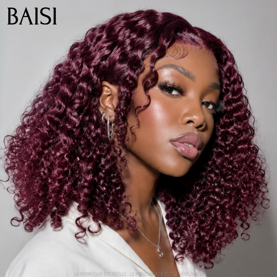 BAISI 4x4 Lace Perruque Bob Curly Rouge Bordeaux 99J 14Pouces 129€ 250% Densité 100% Vietnam Hair Meilleur Prix Meilleur Qualité 100% Identique Super Luxe en 100% Cheveux humains