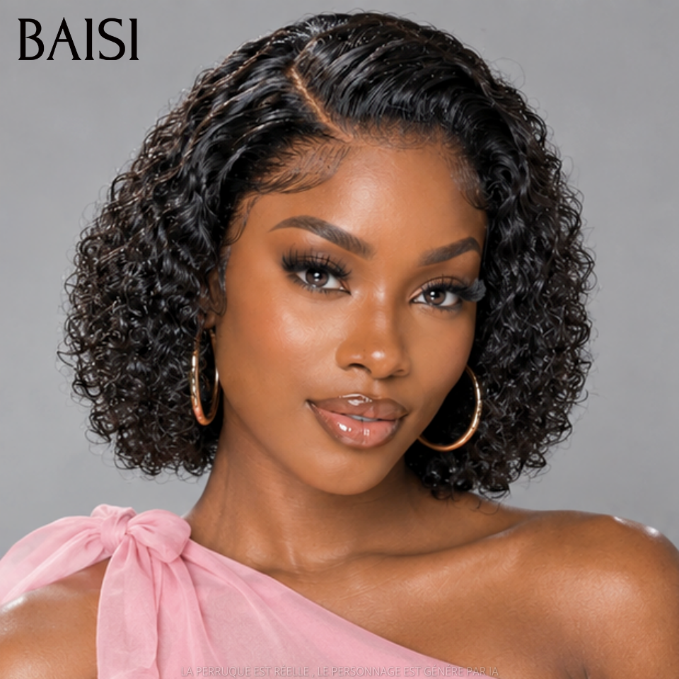 BAISI Perruque Bob afro curl avec lace frontal 10 pouces 68€ couleur noir en 100% Cheveux Humains