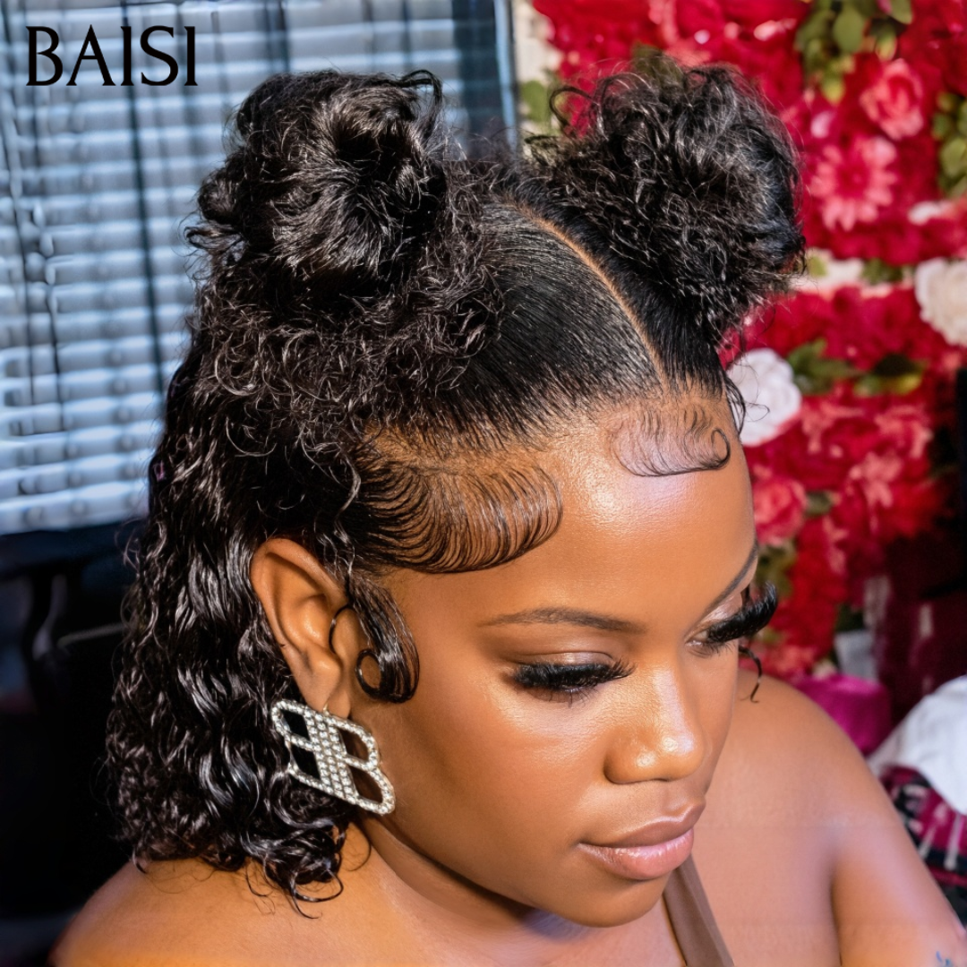BAISI 13x4 Lace Perruque Bob Coiffée Curly Wave Couleur Noir 1B# 10Pouces 96€ Look Coquêtte en 100% Cheveux humains