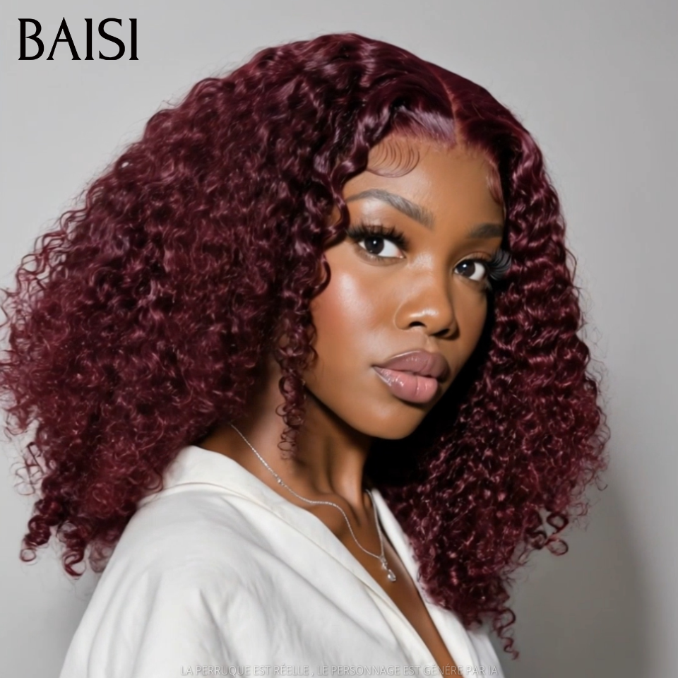 BAISI 4x4 Lace Perruque Bob Curly Rouge Bordeaux 99J 14Pouces 129€ 250% Densité 100% Vietnam Hair Meilleur Prix Meilleur Qualité 100% Identique Super Luxe en 100% Cheveux humains