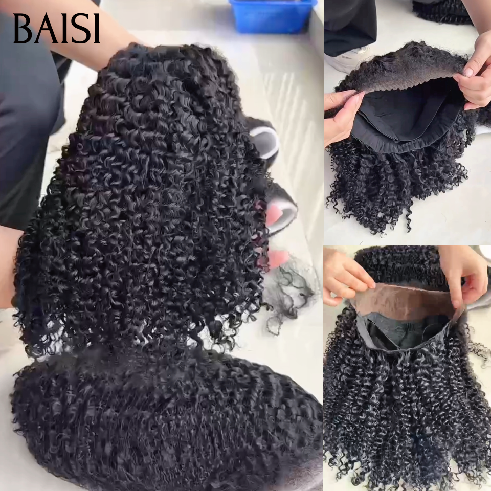BAISI 13x4 Lace Perruque Bob 4C Hairline Sans Colle Curly Wave Effet Naturel Taille 8-14Pouces Couleur Noir 1B# Prête A Porter Pratique Au Quotidien en 100% Cheveux humains
