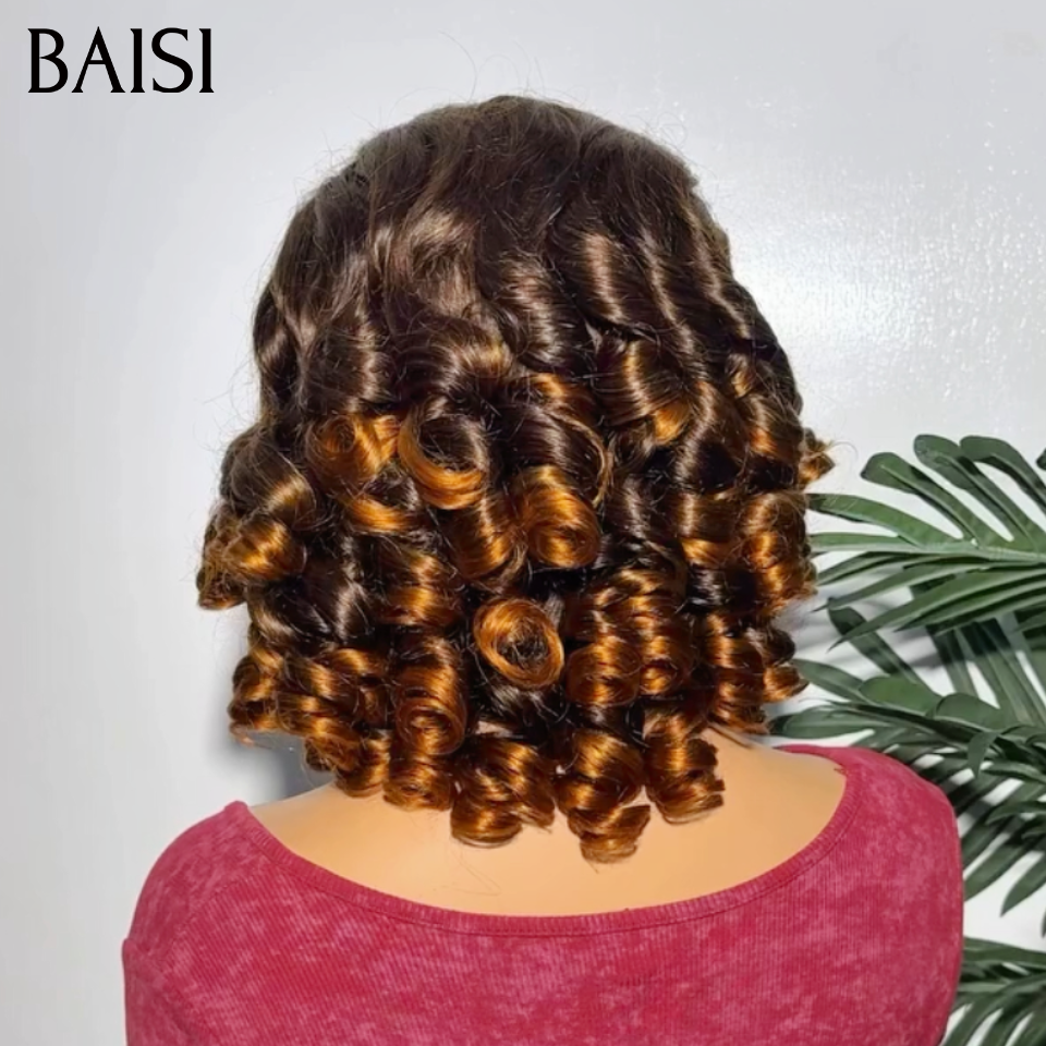 BAISI 4*4 Lace Perruque Bob Bouncy Curl 12Pouces 89€ en Couleur Châtain Marron Clair 4/33# Super Classe en 100% Cheveux Humains